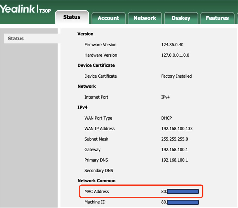 Yealink Web UI - IP Phone MAC address.